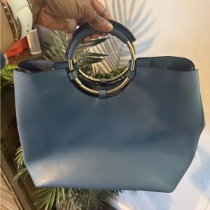 Blue Leather Tote with Gold Ring Handles
